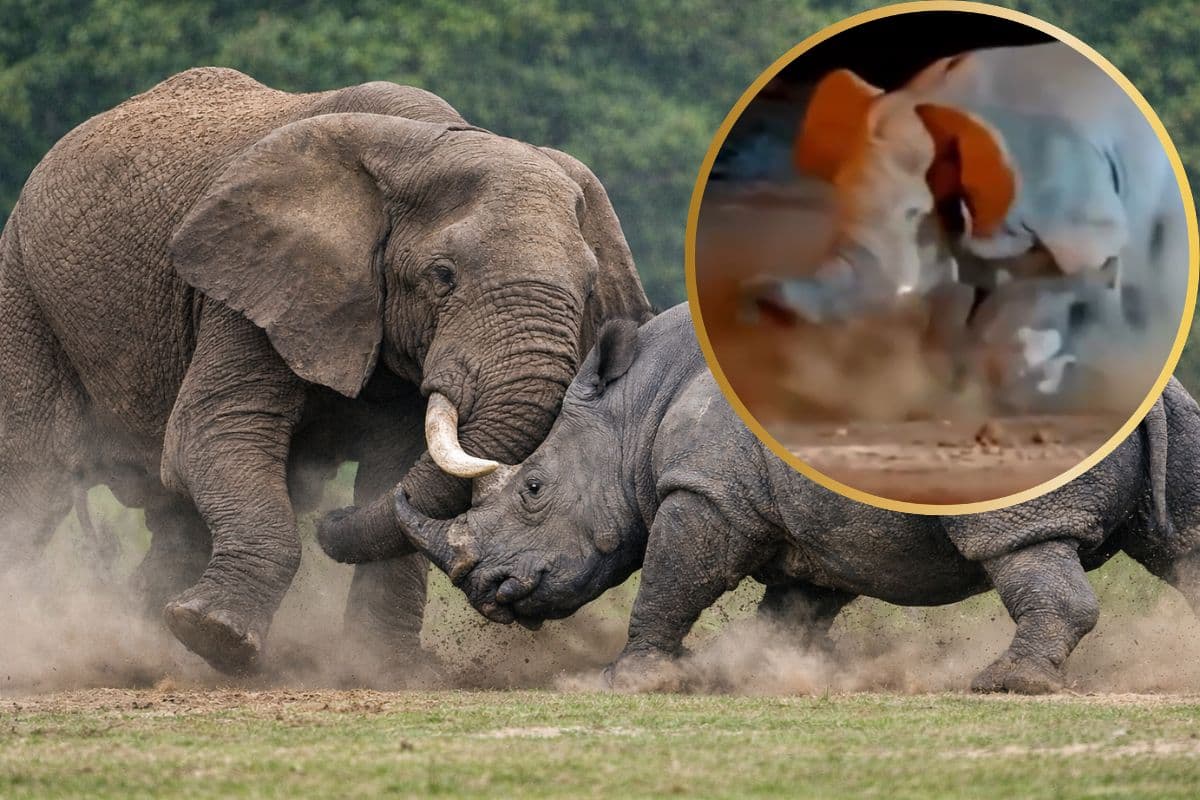 हाथी को ताकत दिखा रहा था गैंडा, दो मिनट में गजराज ने निकाल दी हवा, वीडियो वायरल