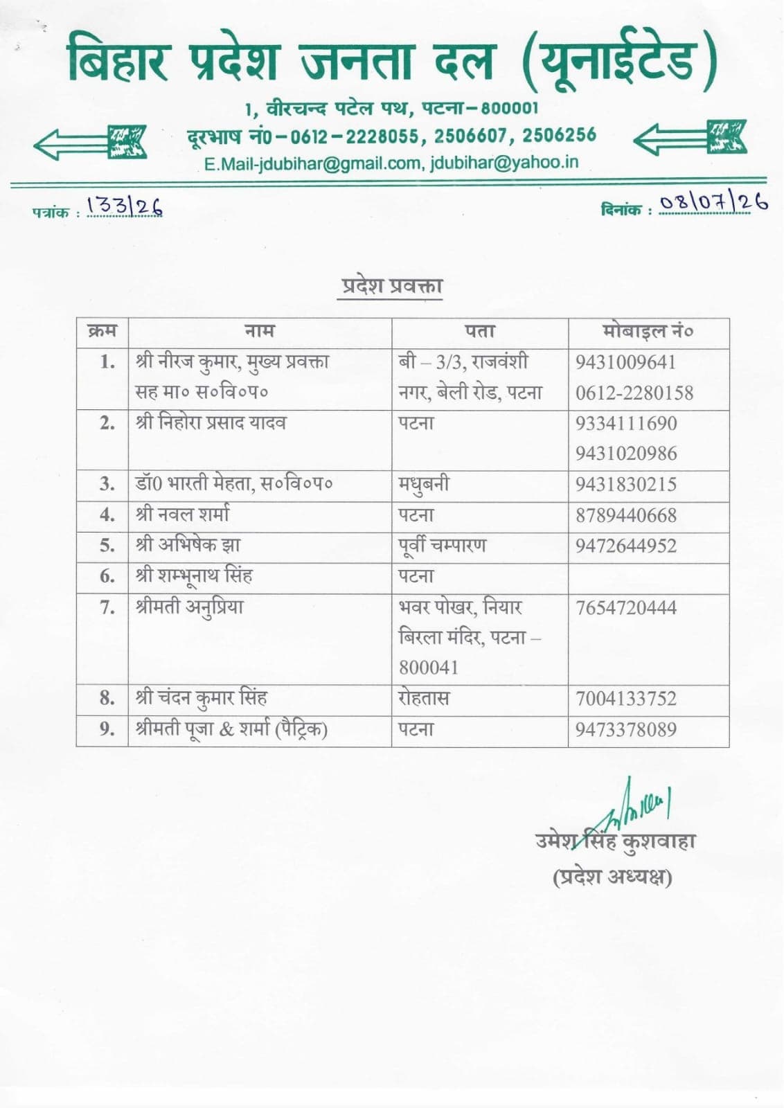 जदयू द्वारा जारी लिस्ट