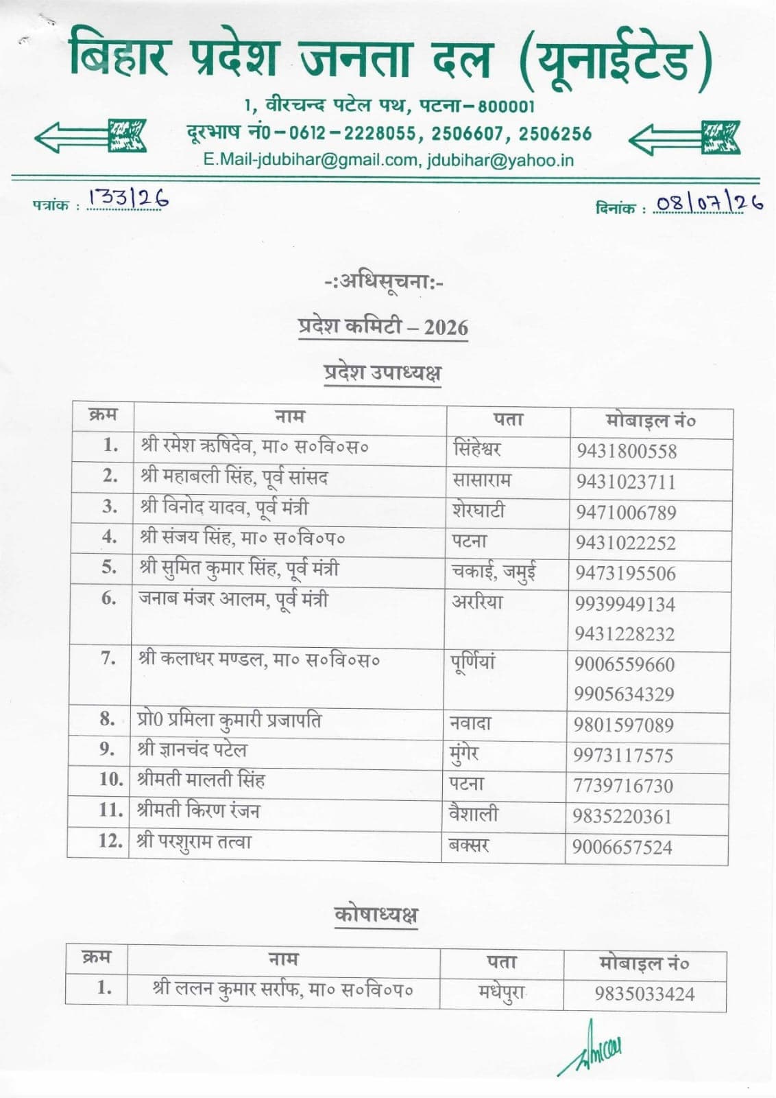 जदयू द्वारा जारी लिस्ट
