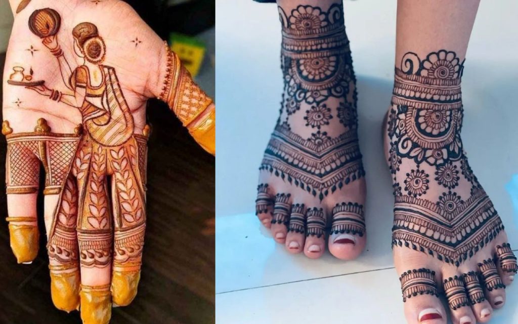 Beautiful woman dressed up as Indian tradition with henna mehndi design on  her both hands to celebrate big festival of Karwa Chauth, Karwa Chauth  celebrations by Indian woman for her husband 17096925