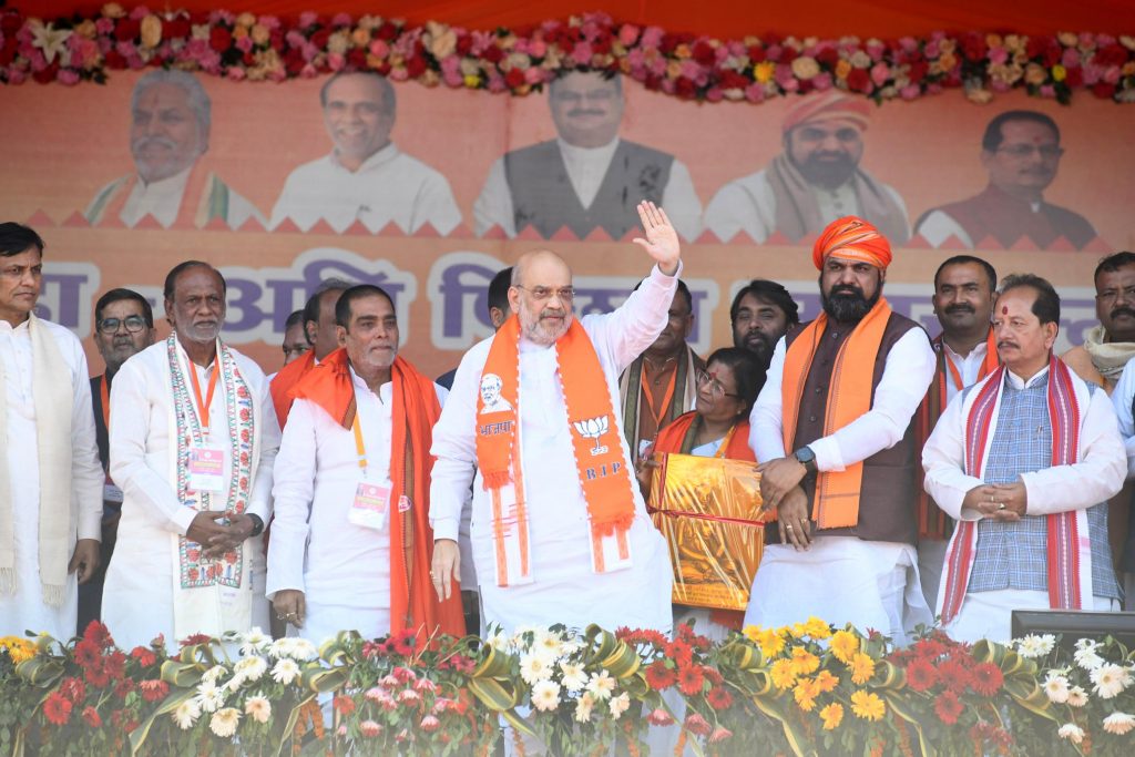 Union Home Minister Amit Shah with Bihar Deputy CMs Samrat Chaudhary and Vijay Kumar Sinha during Maha Samellan of backward and extremely backward communities 1 1