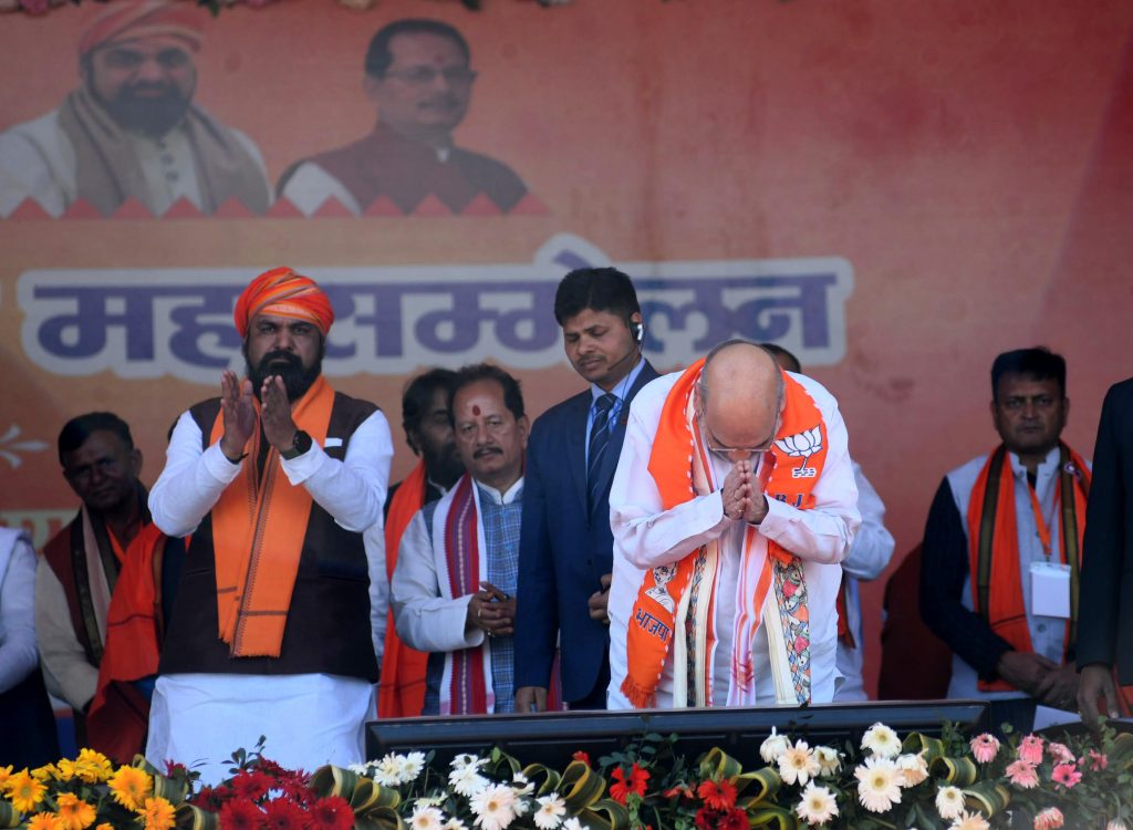 Union Home Minister Amit Shah with Bihar Deputy CMs Samrat Chaudhary and Vijay Kumar Sinha during Maha Samellan of backward and extremely backward communities 3