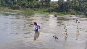 जमुई जिले के खैरा प्रखंड क्षेत्र के जतहर गांव में नदी पार कर स्कूल जाती छात्रा.