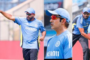 Captain Rohit, coach Gambhir and vice captain Bumrah during practice session in Mumbai ahead of third test against New Zealand. Image: BCCI/X