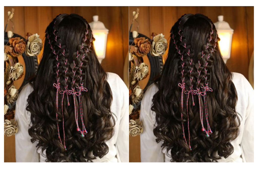 Navratri Hair Style With Colorful Ribbon 1