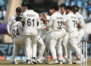 Mumbai: New Zealand's players celebrate the wicket of India's Rishabh Pant during day three. PTI