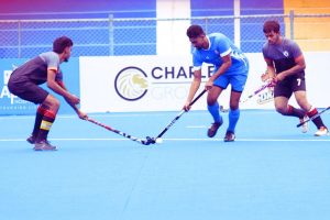 Players during hockey match between Maharashtra and Gujrat in Chennai. Image: Hockey India/X