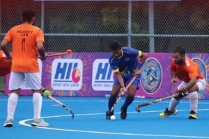 UP and J&K hockey players during pool match in chennai.