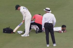 Marcuss Harris checking Devdutt Padikkal's bat during match.