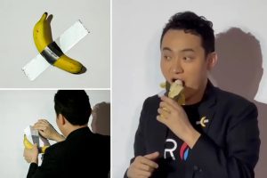 Crypto entrepreneur justin sun eats duct taped banana artwork