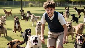 school boy with dog