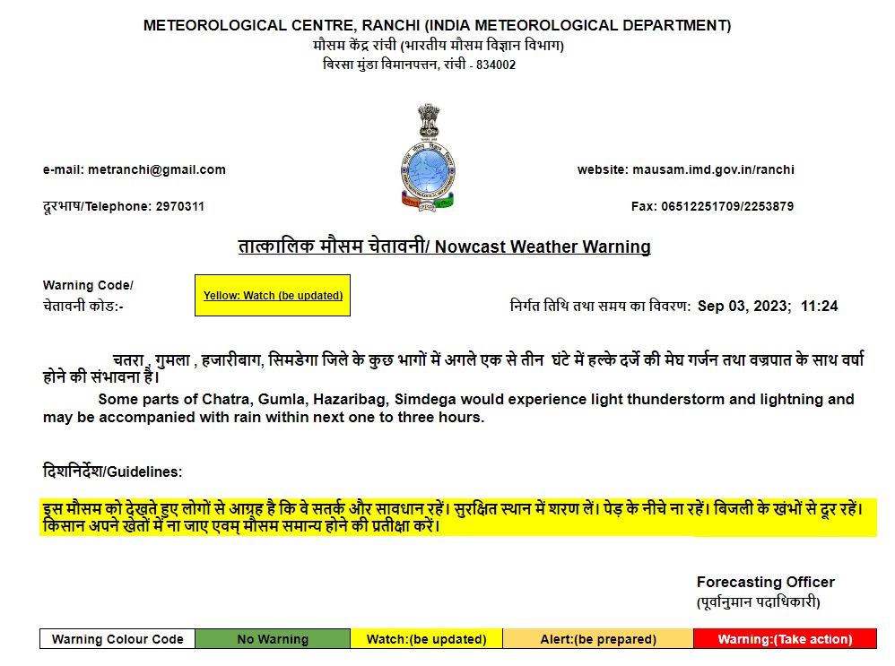 Jharkhand Weather: पूर्वी सिंहभूम, गढ़वा, गिरिडीह और पलामू में वर्षा का अलर्ट